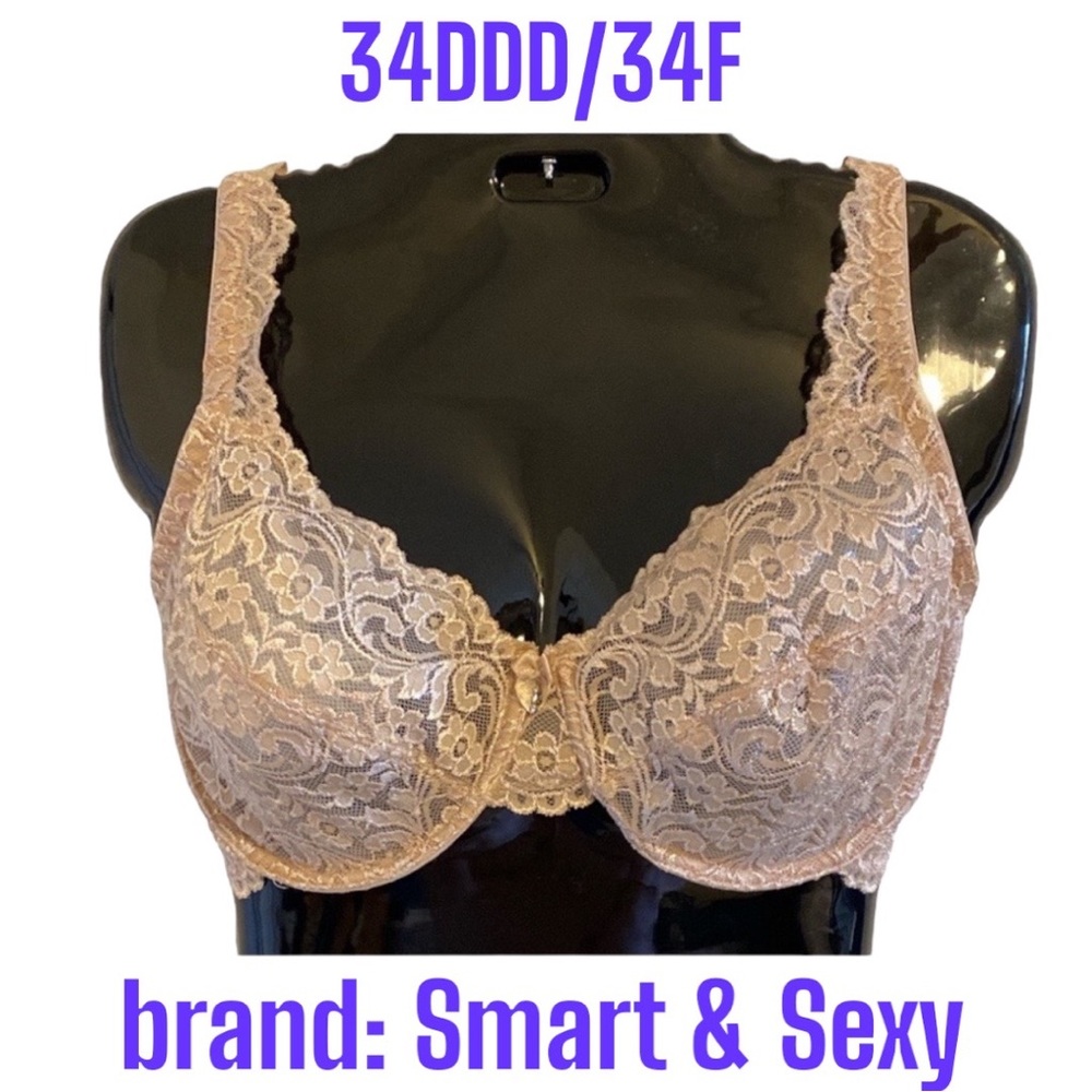 34DDD 34F “Smart & Sexy” Lace back Rhinestone Nude Tan Underwire Bra Mesh Sling